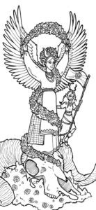 Illustration of a woman waving a flag, standing upon a statue of an angel that rises from a ram's skull. By Audra Balion.